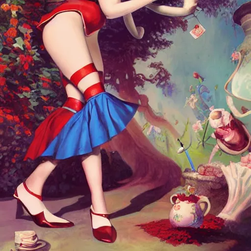 Image similar to Alice in wonderland, detailed painting by Ross Tran and Gil Elvgren