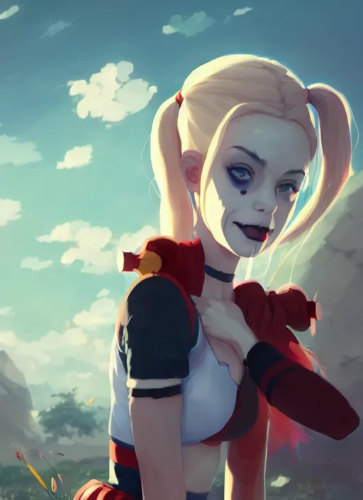 Image similar to portrait of harley quinn, cloudy sky background lush landscape illustration concept art anime key visual trending pixiv fanbox by wlop and greg rutkowski and makoto shinkai and studio ghibli