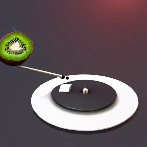 Image similar to a funny turntable with a needle on top of kiwi slice, a low poly render by tim biskup, featured on polycount, computer art, sketchfab, rendered in maya, voxel art