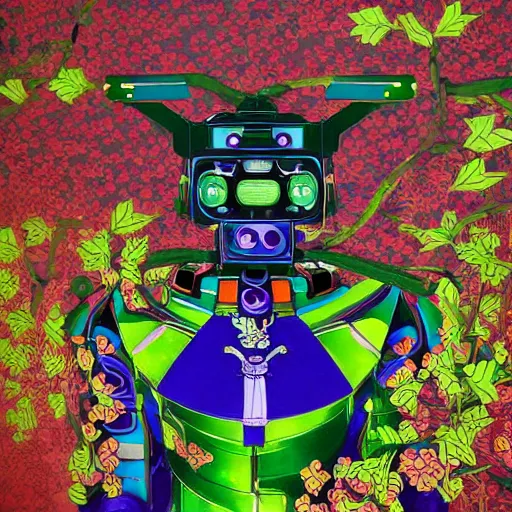 Image similar to colourful vfx art - portrait of army mecha robot wrapped in flowers & vines, art by utagawa kunisada & tadanori yokoo, volumetric light, ray tracing, sharp, detailed, digital painting, illustration, highly detailed, intricate detail, unreal engine, octane render, pinterest, behance, art station,