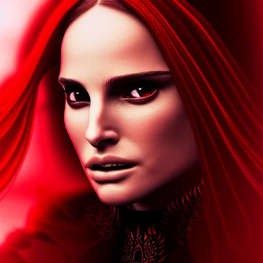 Image similar to beautiful female mage with red hair, natalie portman, black clothing, dark feathered wings, intricate, highly detailed face, trending on artstation, dramatic lighting, 4 k