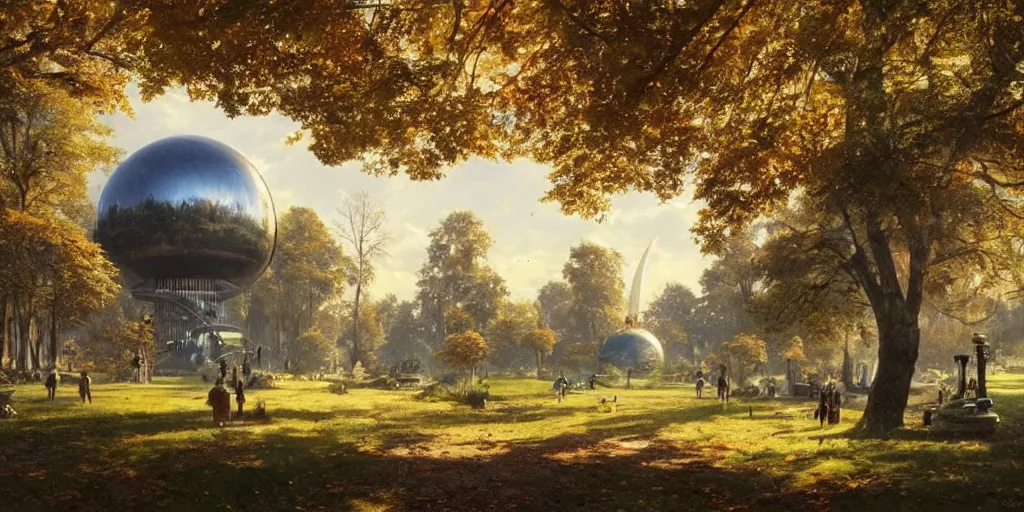 Image similar to a woodland city and park with a glorious spherical sci-fi building at its centre, bright and sunny day, autumn, Greg Rutkowski and Ivan Shishkin