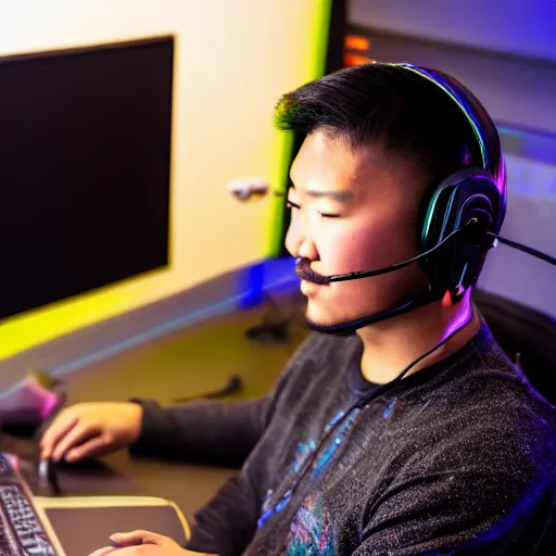 Image similar to Photo of Genghis Khan as a Twitch streamer, wearing a headset, close-up, high detail, studio, neon background, 85mm Sigma Art Lens