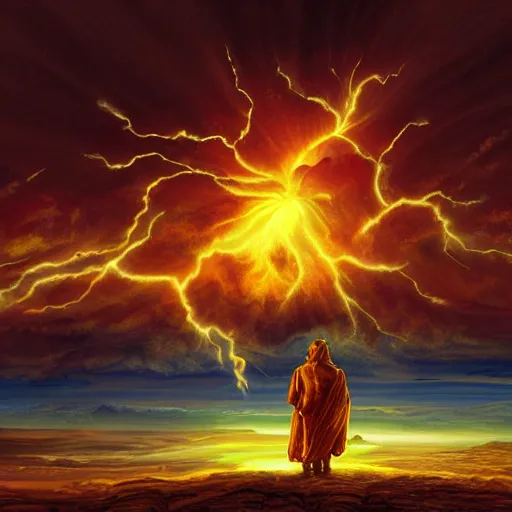 Image similar to giant fiery sun takes up most of the sky, two men look out over the horizon of a desert with plants on fire, lightning strikes in the distance, highly detailed matte painting