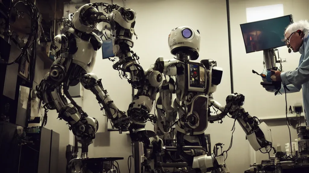 Image similar to bernie sanders putting the finishing touches on a ( ( cute ) ) clockwork doomsday robot, cinematic moody lighting, sharp focus, imax