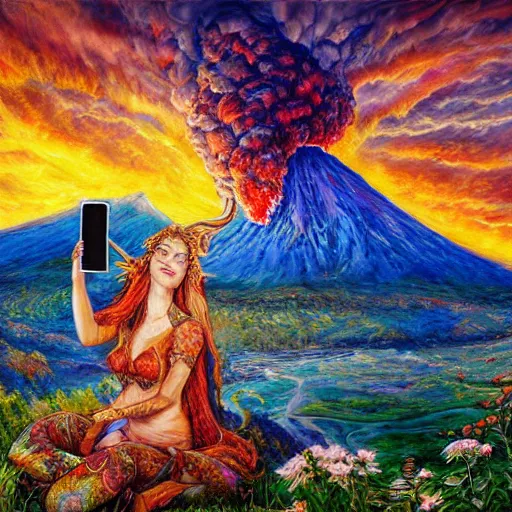 Prompt: painting by senior concept artist josephine wall, horned ram goddess checking her cell phone, erupting volcano and sunset in distance in background, flowers in foreground, zodiac, fantasy, acrylic on canvas, intricately detailed, highly detailed, high resolution, hdr, 8 k, trending on artstation