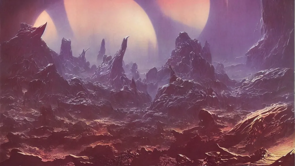 Image similar to surreal eerie alien planet empire by frank frazetta and bruce pennington, cinematic matte painting