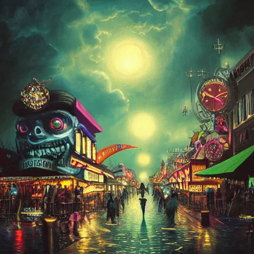 Image similar to ultra realist soft painting of a curiosities carnival by night, nightmare fuel, omnious sky, symmetry accurate features, very intricate details, film noir, volumetric clouds