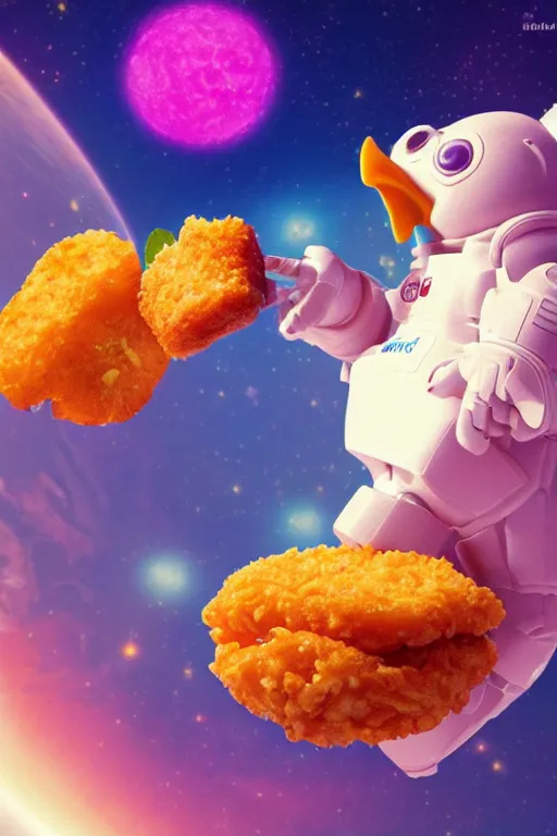 Image similar to A flower eating a chicken nugget in space. ArtStation. Octane render