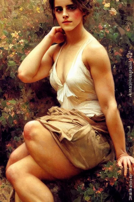 Prompt: detailed portrait of a beautiful emma watson thicc muscular, painting by gaston bussiere, craig mullins, j. c. leyendecker