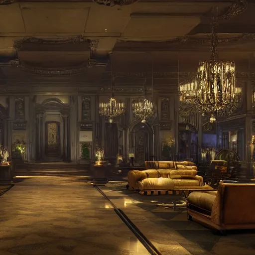 Image similar to upscale mysterious private auction, unnameable relics on display, moody lighting, extravagant details, lobby in the distance, elite