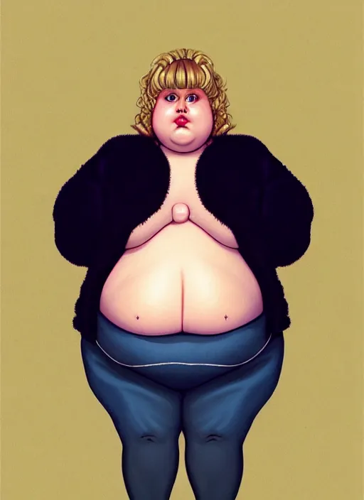 Image similar to full body portrait, teenage betty cooper, blonde hair, obese, bangs, ponytail, sultry, realistic, sultry smirk, fluffy bangs, curly bangs, fat, belly, beautiful girl, intricate, elegant, highly detailed, digital painting, artstation, concept art, smooth, sharp focus, illustration, art by wlop, mars ravelo and greg rutkowski