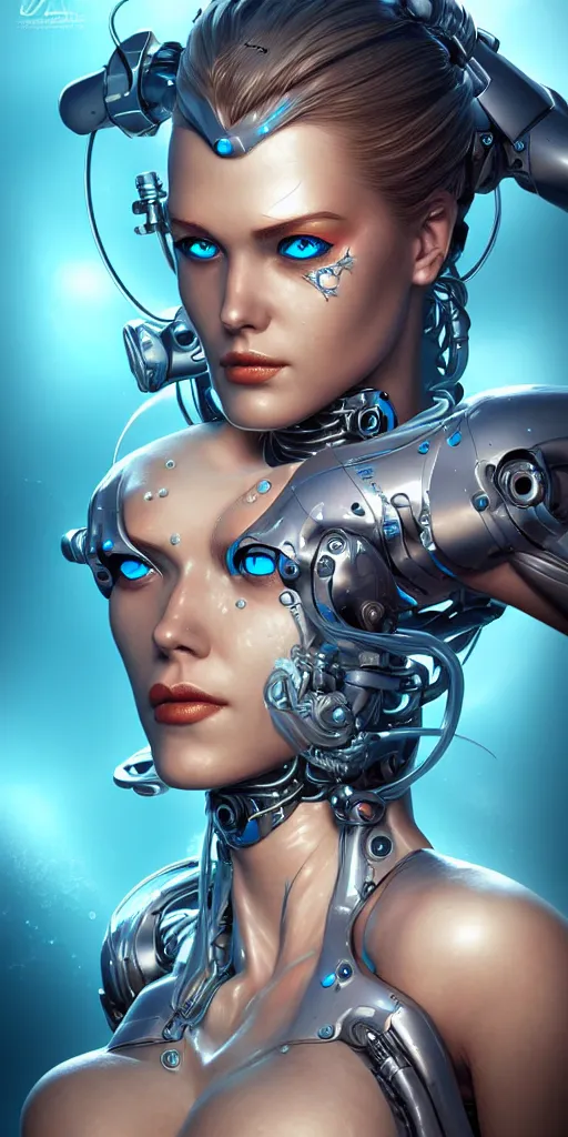 Image similar to portrait of a cyborg siren underwater with biomechanichal parts by Artgerm, highly detailed, trending on artstation