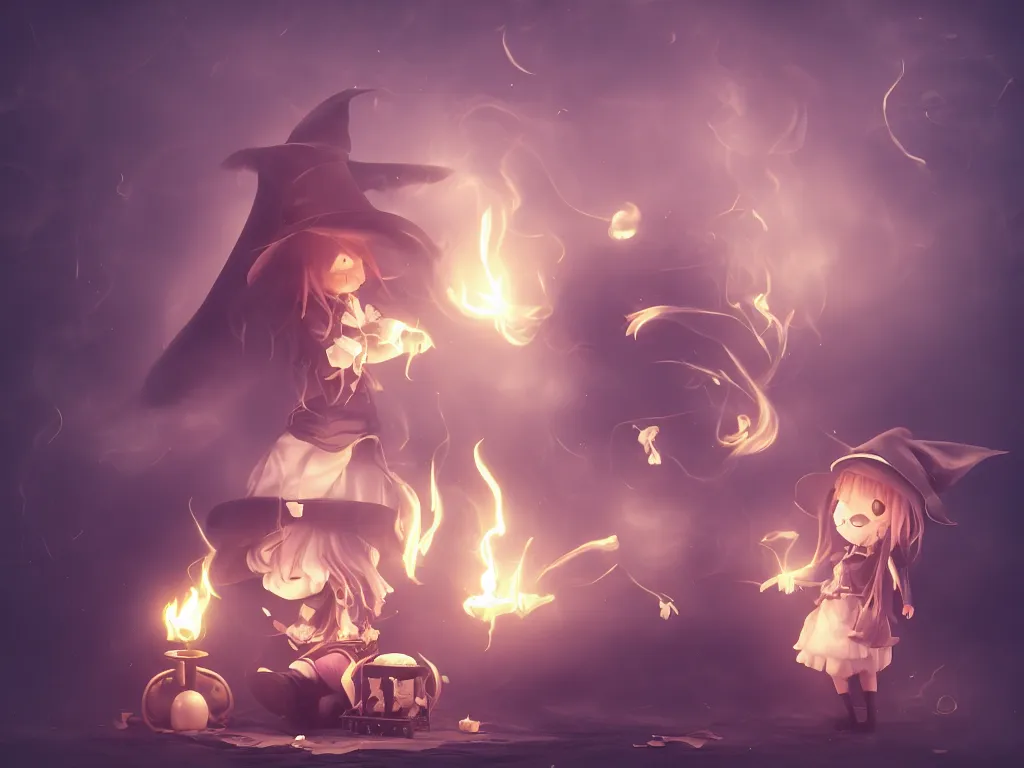 Image similar to cute fumo plush girl witch stirring a cauldron swirling with strange energy, casting a powerful spell, eldritch gothic horror, smoke and volumetric fog, witch girl, soothsayer, lens flare glow, chibi anime, vray