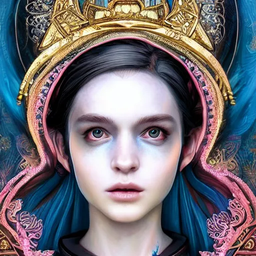 Image similar to symmetrical portrait of a beautiful dead princess female 4K symmetrical portrait, magical,fantasy , final fantasy, whole body, hyperrealism, cyberpunk, concept art, realistic, highly detailed, Featured on Artstation, cgsociety, Behance, Tom Bagshaw, Ross Tran, Japan Taiwan ,Soft lighting, attractive, highly detailed. intricate details. trending on artbreeder | zdzislaw beksinski. dariusz zawadzki. Michael Hutter. Peter Mohrbacher. Alfons Mucha. artstation