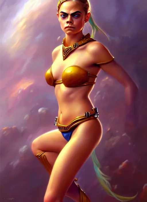 Image similar to portrait of cute young cara delevingne as a slightly chubby amazon girl, full body, painted by stanley artgerm, boris vallejo, fantasy art, sleek curves, sharp focus, trending on artstation hq, deviantart