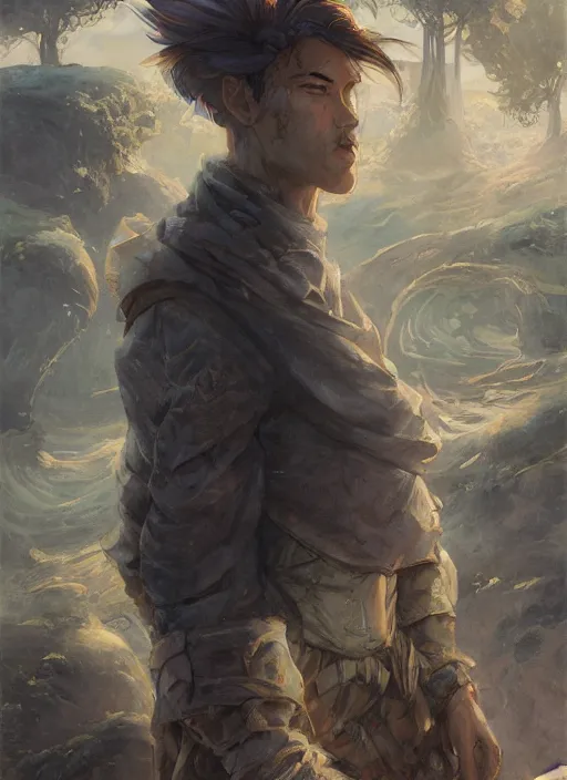 Prompt: a portrait of a male character, invisible nose, in a scenic environment by Ross Tran and by Jesper Ejsing and by Mikalojus Konstantinas Ciurlionis