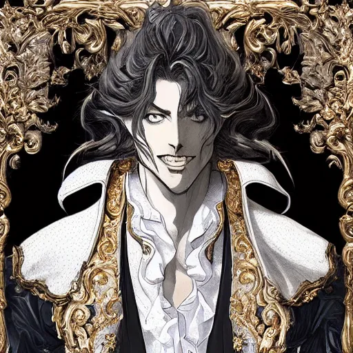 Prompt: a man grinning, baroque style, elegant, beautiful, mesmerizing, concept art, fancy clothing, highly detailed, artstation, behance, deviantart, inspired by innocent manga, inspired by castlevania concept art, trending, ayami kojima, shinichi sakamoto