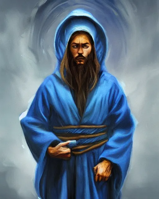 Image similar to Hyper realistic painting of a wizard in a blue robe, by Anato Finnstark, detailed, beautiful, trending on artstation