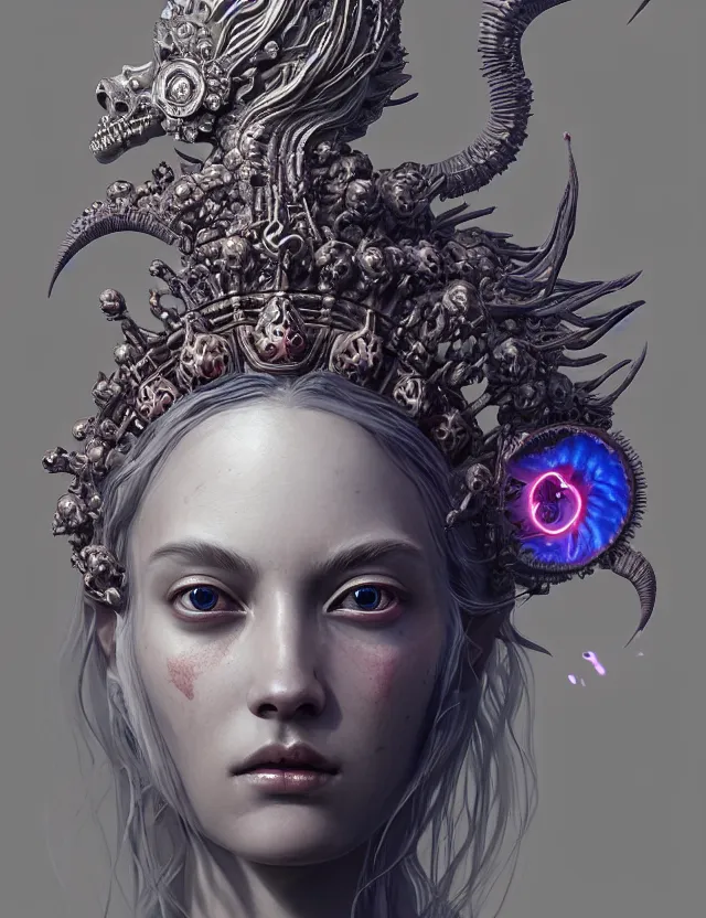 Image similar to symmetrical, centered, zbrush sculpt of goddess close-up portrait wigh crown made of skulls. phoenix betta fish, phoenix, bioluminiscent creature, super intricate ornaments artwork by Tooth Wu and wlop and alena aenami and greg rutkowski