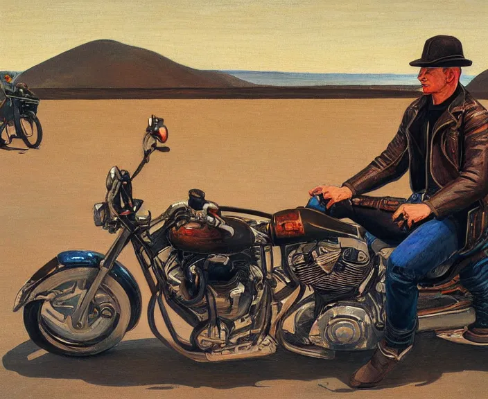 Prompt: a very detailed painting of a man wearing a leather jacket, riding a motorbike, harley davidson motorbike, front view, very fine brush strokes, in the style of edward hopper and grant wood and syd mead, 4 k,