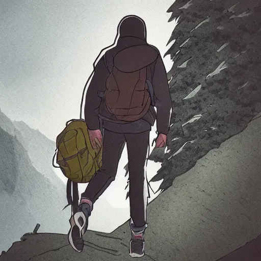 Image similar to person with hoodie walking up a mountain with a backpack that has katanas on the sides by carrie south, anime, amazing composition, astonishing detail, smooth lines, beautiful scenery