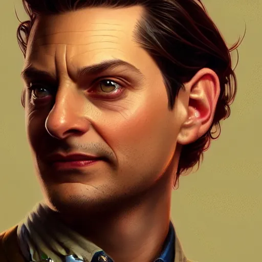 Prompt: handsome Tobey Maguire as Goblin Jr, western, D&D, fantasy, intricate, elegant, highly detailed, digital painting, artstation, concept art, matte, sharp focus, illustration, art by Artgerm and Greg Rutkowski and Alphonse Mucha