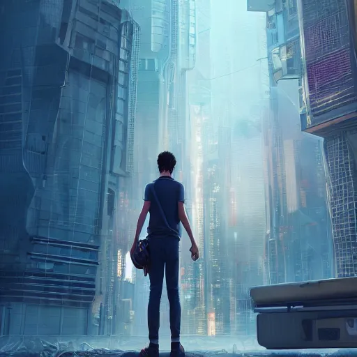 Prompt: young man facing the desperate and endless call of the void, futuristic cityscape, unreal 5 render, vivid colors, high detail, clear weather, studio ghibli, digital art, octane render, beautiful composition, trending on artstation, award - winning photograph, masterpiece