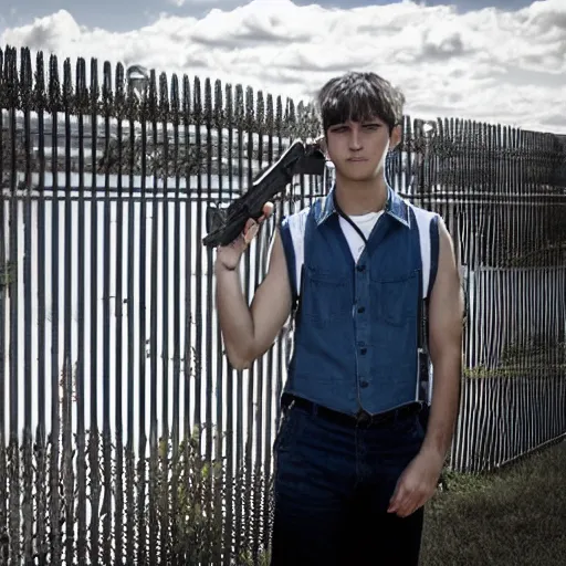 Image similar to Young man standing looking to the right in a red bandana, blue striped shirt, gray vest and a gun with a partly cloudy sky in the background. The young man is standing in front of an iron fence. Photograph. Real life