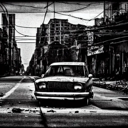 Image similar to an abandoned car in the middle of the street, dark smoke in the background, filthy streets, broken cars. Vines growing. Jpeg artifacts. Trending on flickr. Full-color photo. Samyang/Rokinon Xeen 50mm T1.5