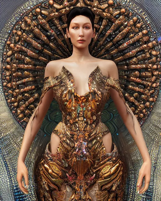 Prompt: a highly detailed metahuman 4 k close up render of an alien goddess bella hadid monument jibaro renaissance in iris van herpen dress schiaparelli in diamonds crystals swarovski and jewelry iridescent in style of alphonse mucha gustav klimt trending on artstation made in unreal engine 4