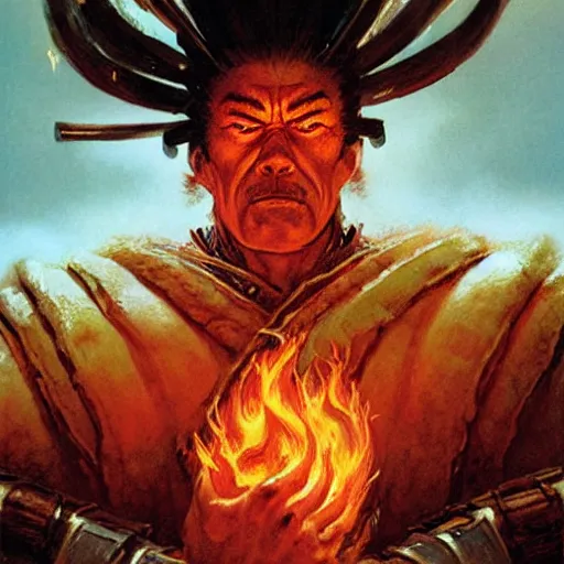 Image similar to head and shoulders portrait of a samurai fire giant, wreathed in flame, d & d, fantasy, greg rutkowski, frank frazetta, alexandre chaudret, boris vallejo, michael whelan, miro petrov, hr giger, magali villeneuve, donato giancola