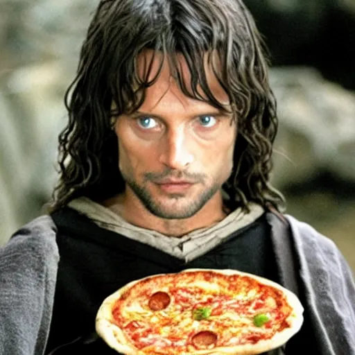 Image similar to aragorn eating pizza