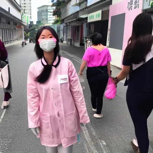 Image similar to taiwanese young woman wears pink medical mask, in the streets