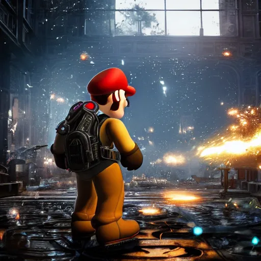 Image similar to super mario in gears of war, splash art, movie still, cinematic lighting, glowing, neon light, ray tracing, octane render, long lens, shallow depth of field, bokeh, anamorphic lens flare, 8 k, hyper detailed, 3 5 mm film grain