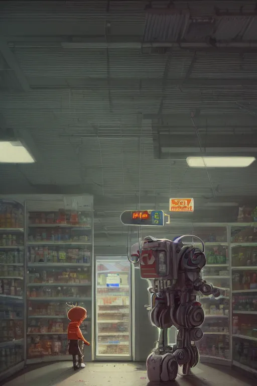 Image similar to mech at supermarket trying to find milk to his son, highly detailed, scifi, fantasy, highly detailed, digital painting, trending on artstation, concept art, sharp focus, illustration, global illumination, shaded, art by simon stalenhag