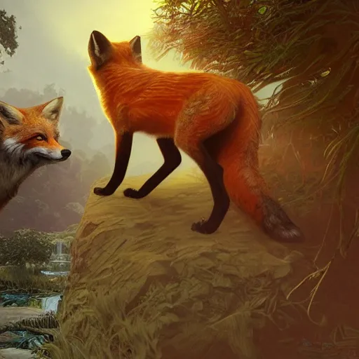Image similar to tobey maguire and a red fox, intricate, highly detailed, digital painting, artstation, concept art, smooth, sharp focus, illustration, unreal engine 5, 8 k, art by artgerm and greg rutkowski and alphonse mucha