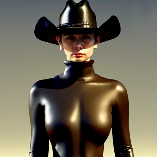 Image similar to a painting of a woman wearing a leather body - suit! wearing a cowboy hat!, cyberpunk art by yumihiko amano, cgsociety, figurative art, toonami, zbrush, official art