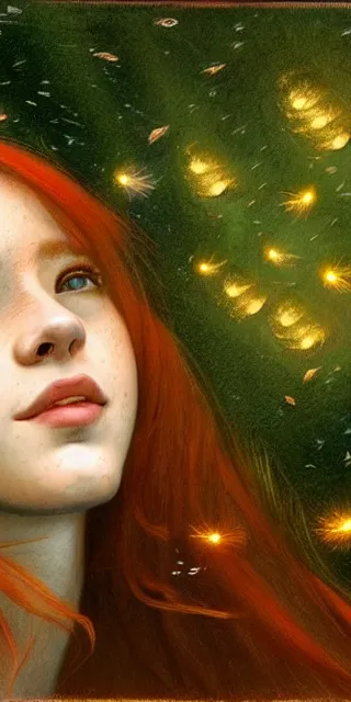 Image similar to infp young woman, smiling, amazed by golden fireflies lights, sitting in the midst of nature fully covered, long loose red hair, intricate linework, green eyes, small nose with freckles, oval shape face, realistic, expressive emotions, dramatic lights mystical scene, hyper realistic ultrafine art by artemisia gentileschi, albert bierstadt, artgerm