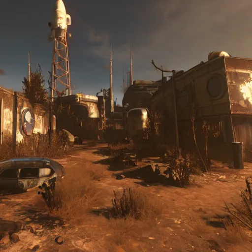 Image similar to fallout 4 in space, high res, raytracing, unreal engine