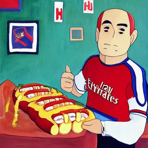 Image similar to a painting portrait of humanoid hot dogs in arsenal jersey, studio ghibli,