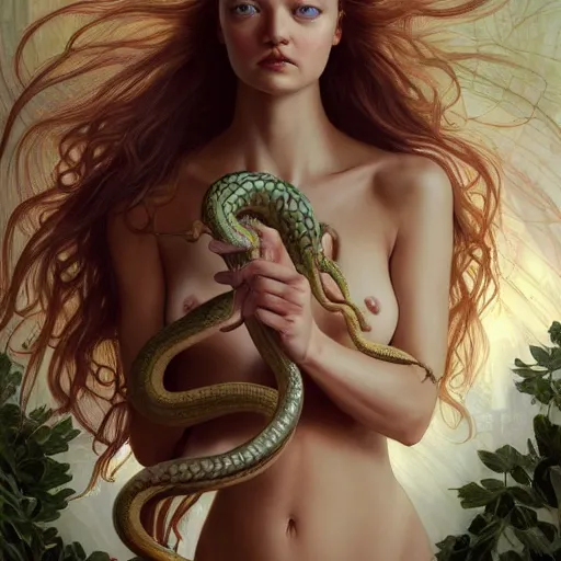 Prompt: Gemma Ward Supermodel as Medusa, snakes for hair, olive skin, long dark hair, beautiful bone structure, intricate, elegant, highly detailed, digital painting, artstation, concept art, smooth, sharp focus, illustration, art by artgerm and greg rutkowski and alphonse mucha and Chris Achilleos