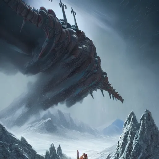 Image similar to an giant creature with long tongue attacking an starship in blizzardy mountains, Matte painting , detailed painting, greg rutkowski