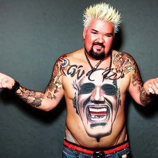 Prompt: guy fieri showing off his tattoo of guy fieri on his chest