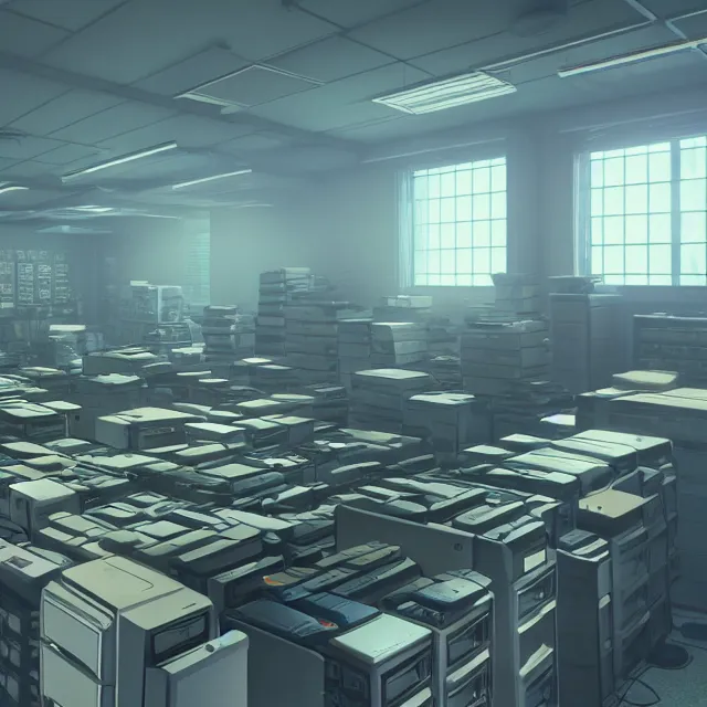Image similar to an interior room with old pc computers stacked on the walls, makoto shinkai