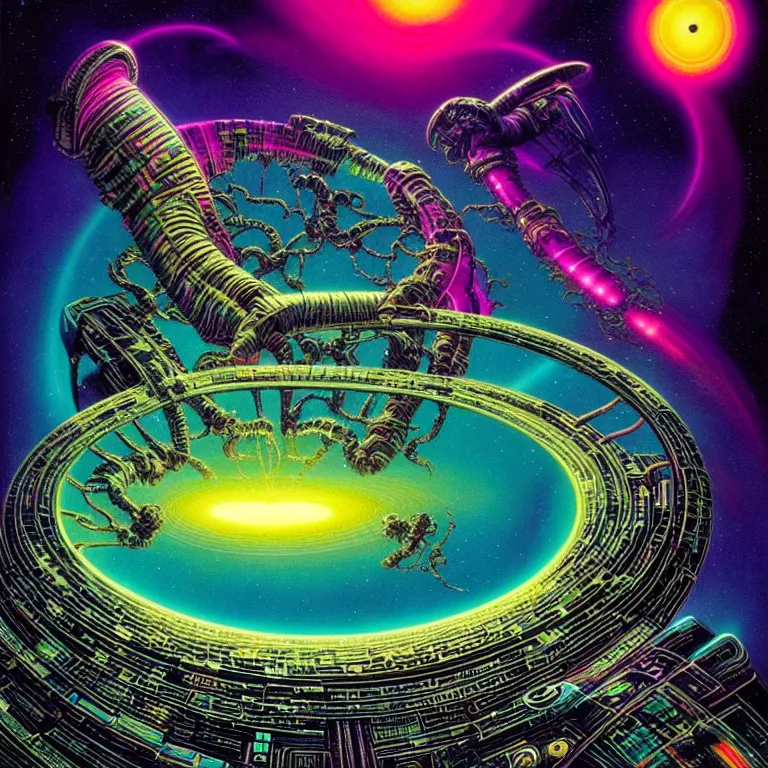 Image similar to mysterious infinite interstellar black hole, quantum waves, synthwave, bright neon colors, highly detailed, cinematic, tim white, philippe druillet, roger dean, ernst haeckel, lisa frank, michael whelan, kubrick, kimura, isono