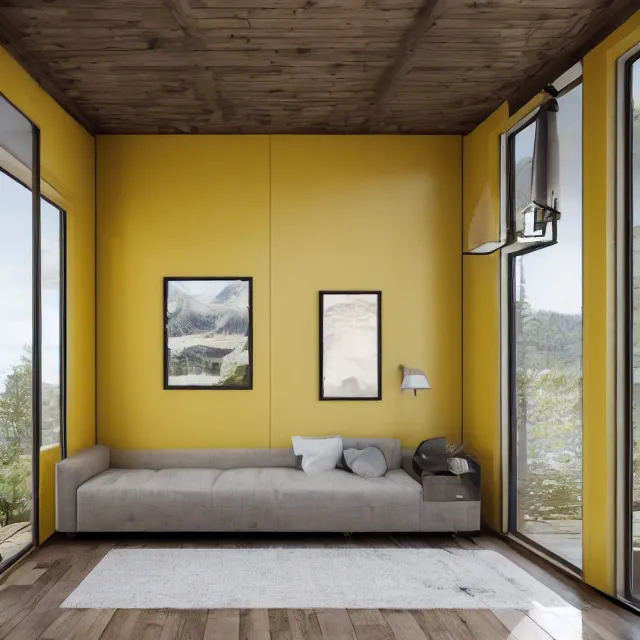 Prompt: modern a frame interior in a wooden cabin, yellow cabinets and white walls, vintage fridge, large window in back with ocean scenery, marble countertops, leather couch, spiral staircase, realistic, unreal engine render, octane render, hyper realistic, photo, 8 k