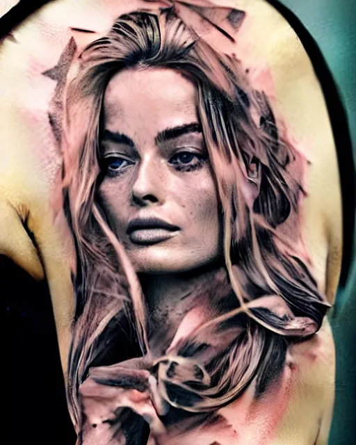 Image similar to creative double exposure effect tattoo design sketch of margot robbie face blended in beautiful mountain scenery, realism tattoo, in the style of matteo pasqualin, amazing detail, sharp
