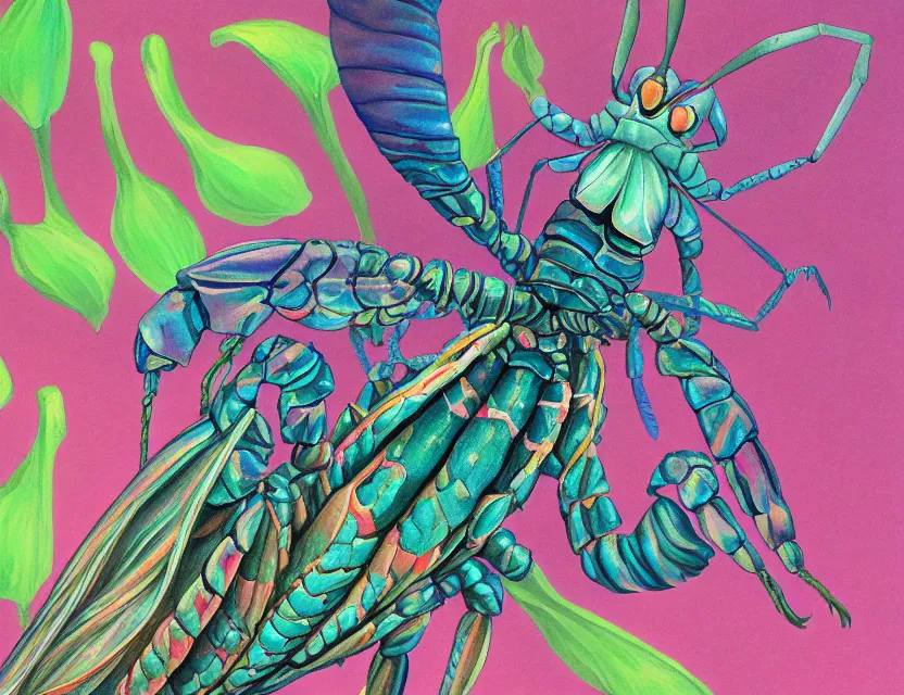 Image similar to mantis shrimp faerie. gouache painting by award - winning mangaka, chiaroscuro, bloom, backlighting, intricate details