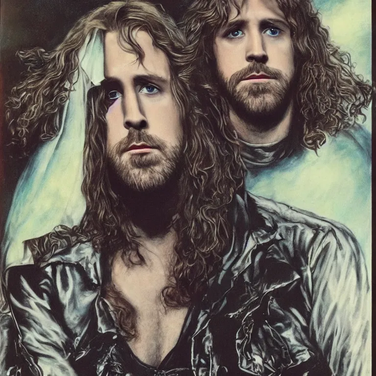 Prompt: Pre-Raphaelite portrait of Ryan Gosling as the leader of the cult 1980s heavy metal band \'Metallica\', with very long blond hair and grey eyes, high saturation